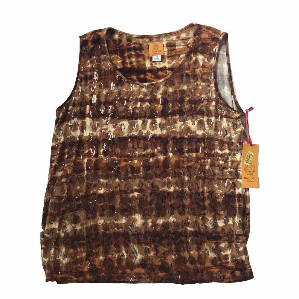 NWT Ruby Rd Sequins Sleeveless Tank Top Womens Plus 2X Autumn Brown Rust Nutmeg
